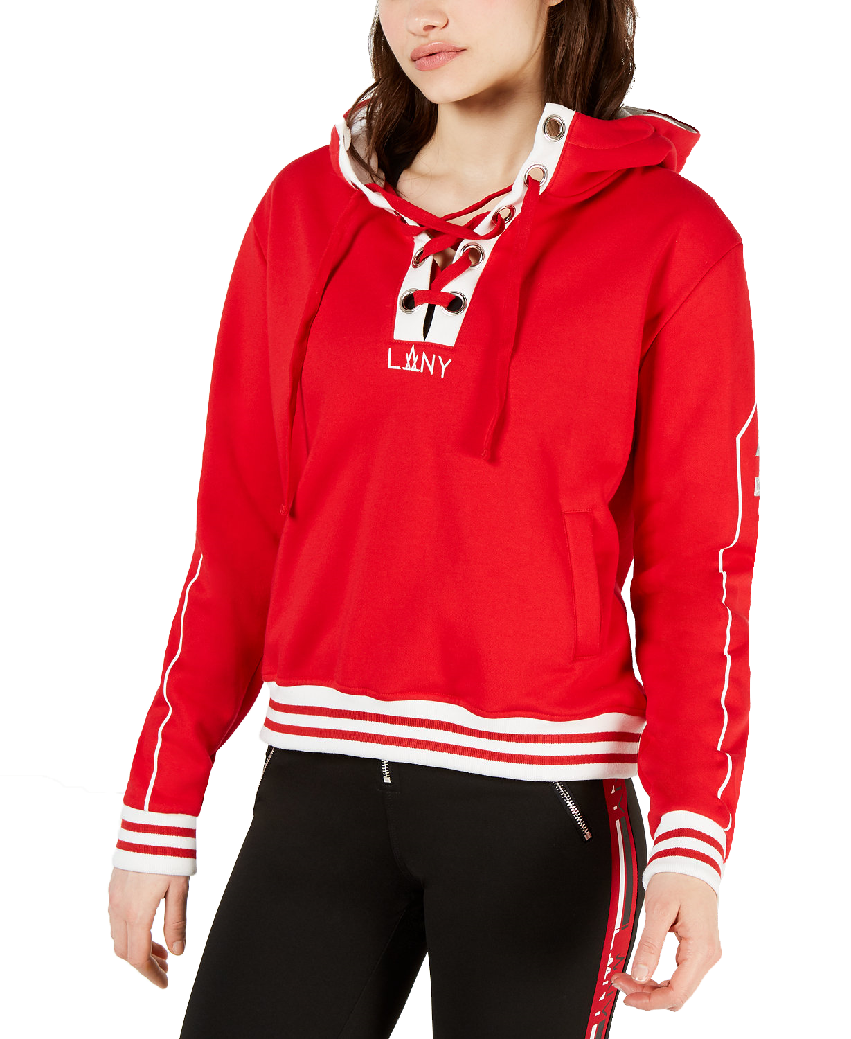 La La Anthony Women Striped Lace Up Hoodie Red