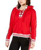 La La Anthony Women Striped Lace Up Hoodie Red