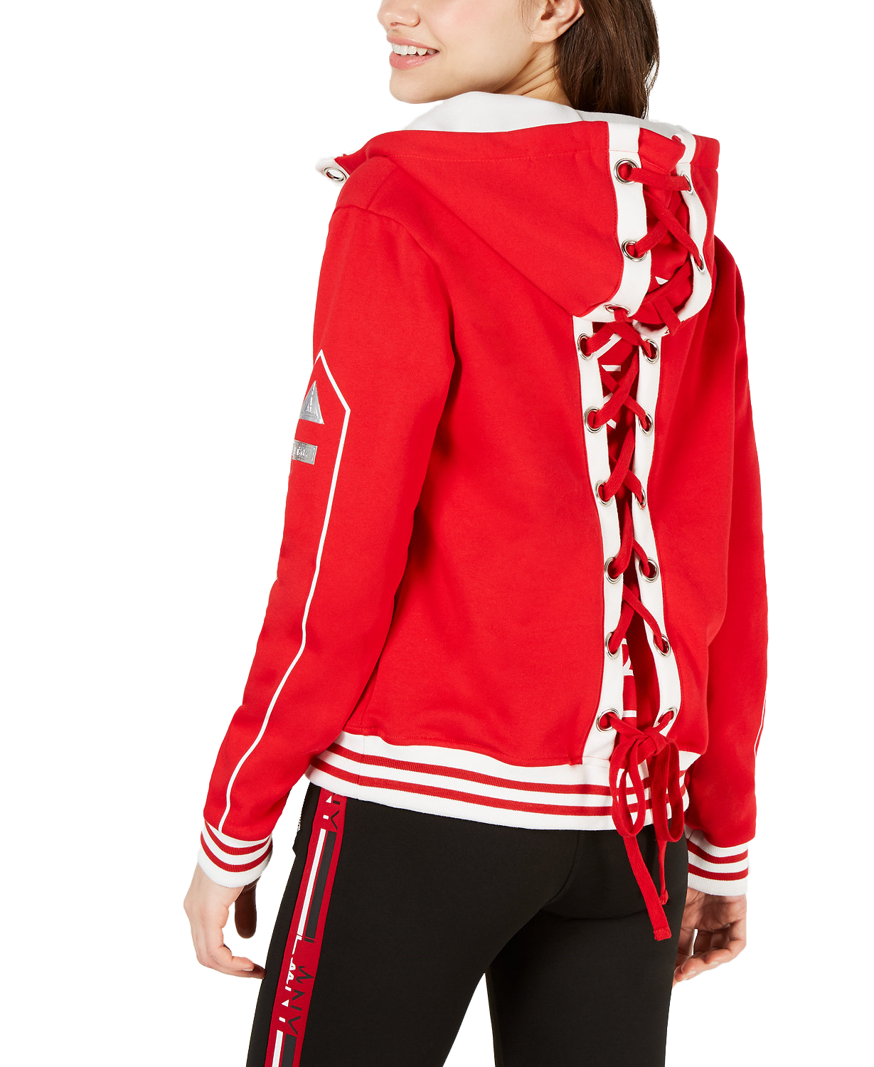 La La Anthony Women Striped Lace Up Hoodie