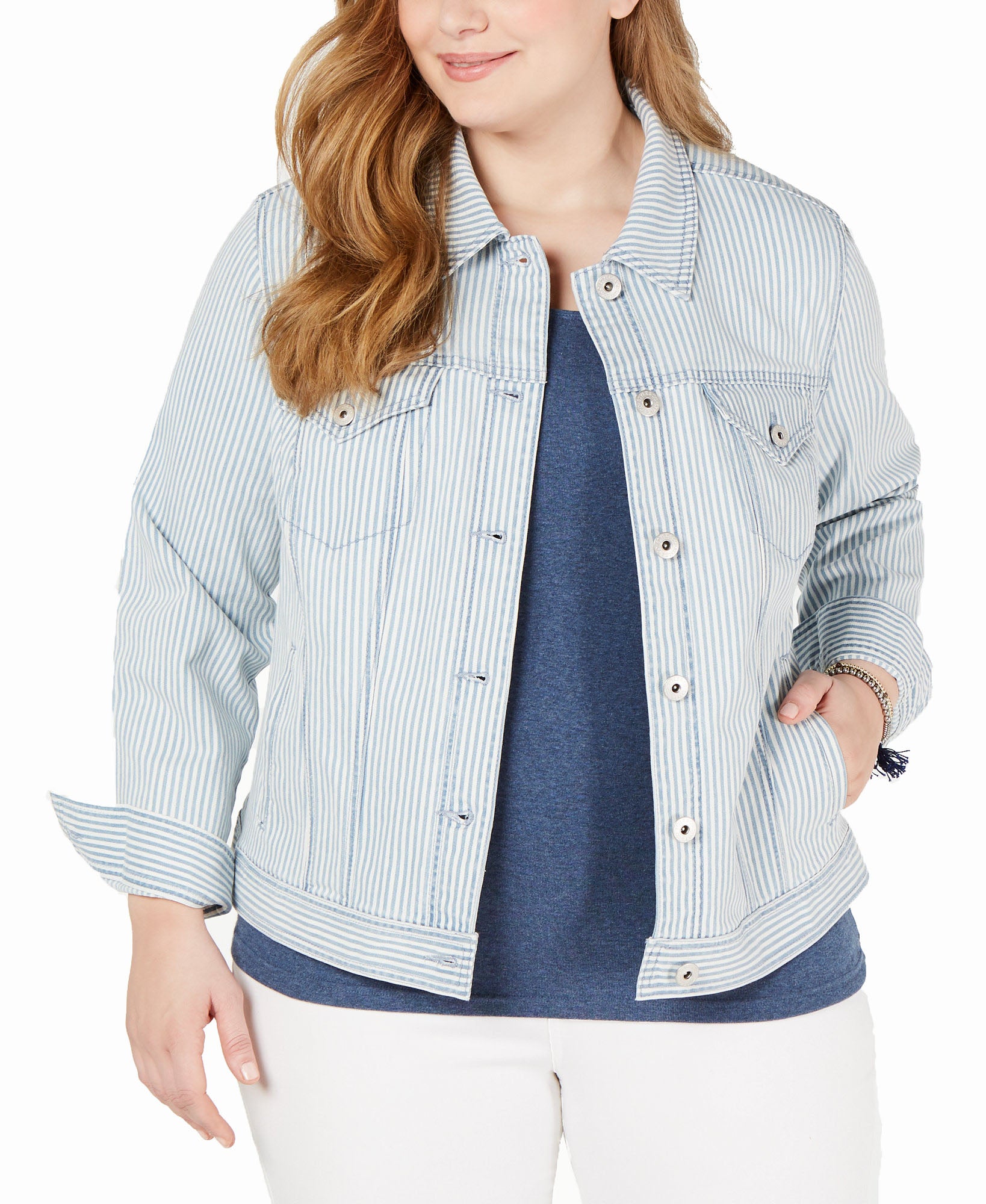 Style & Co Women Plus Basic Striped Jean Jacket Sedona