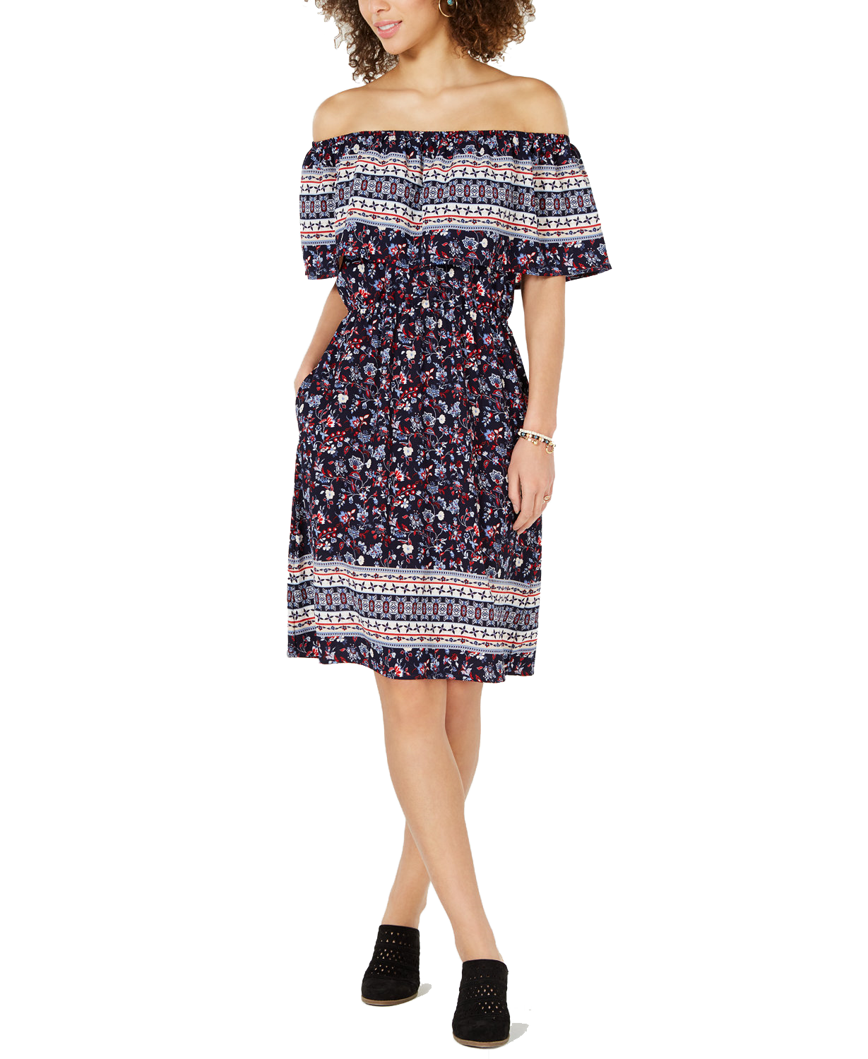 Style & Co Women Off The Shoulder Printed Dress Floral Chance Blue