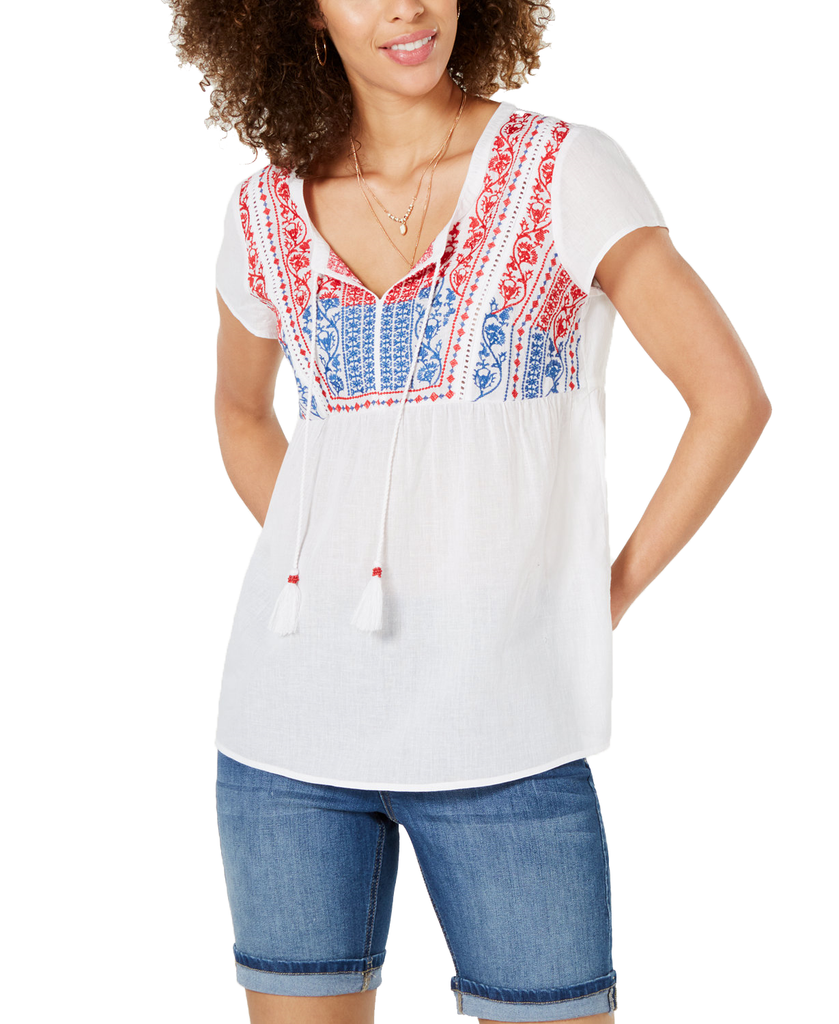 Style & Co Women Embroidered Tassel Top Summertime Delight