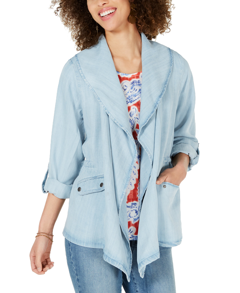 Style & Co Women Draped Chambray Jacket Sun Wash