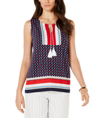 Charter Club Women Printed Tassel Tie Sleeveless Top Intrepid Blue Combo