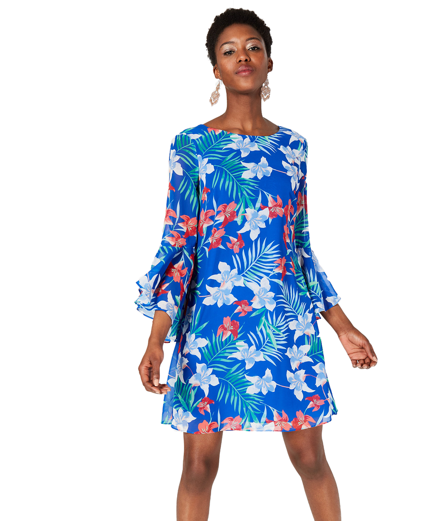 INC International Concepts Women Floral Chiffon Bell Sleeve Dress Royal Apple Blue