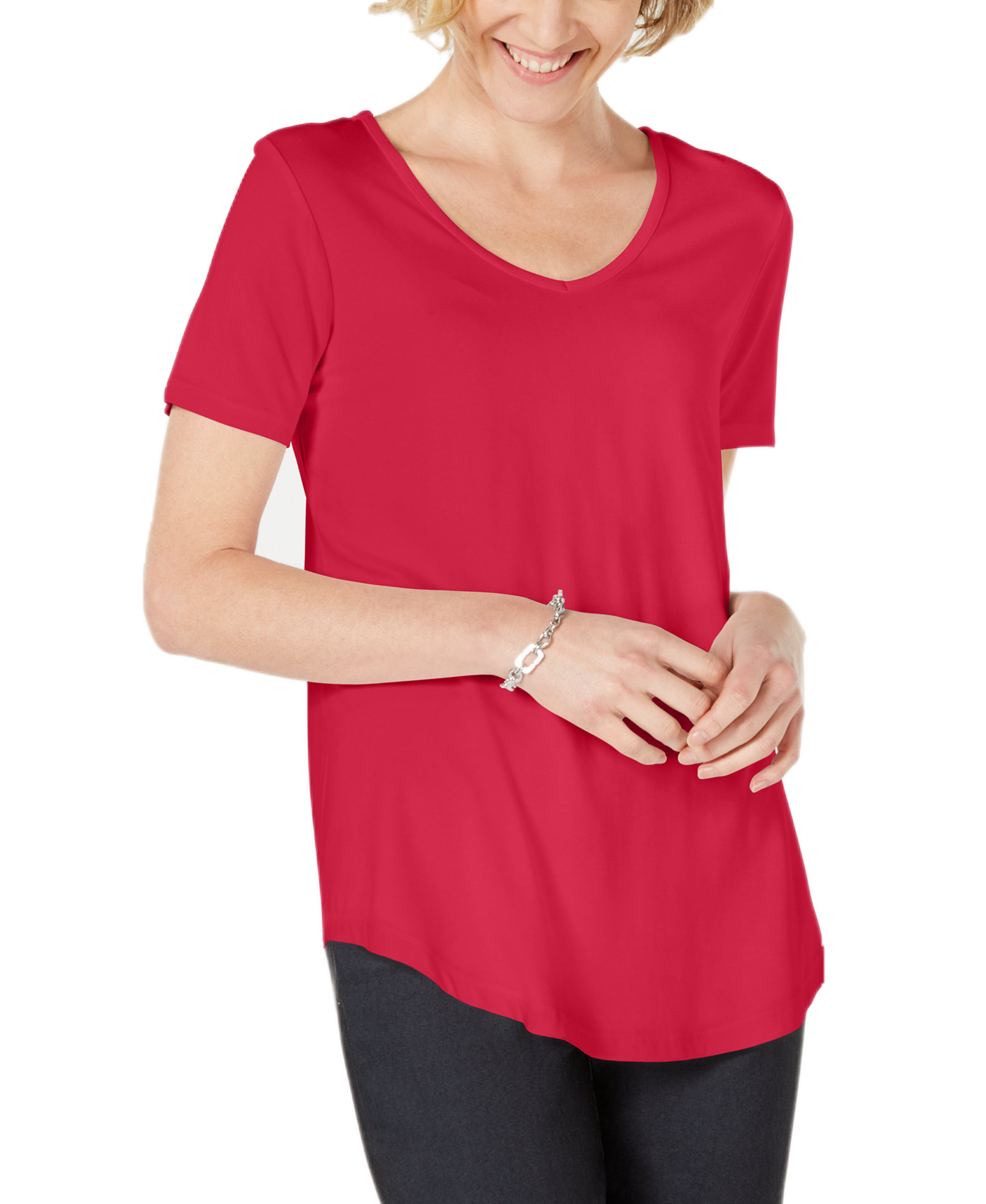 JM Collection Women Petite Lattice Back V Neck Top Pink Twist