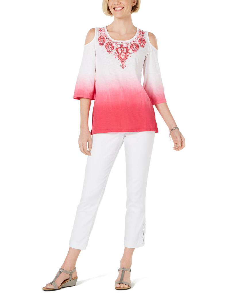 JM Collection Women Petite Cotton Embroidered Ombre Cold Shoulder Top