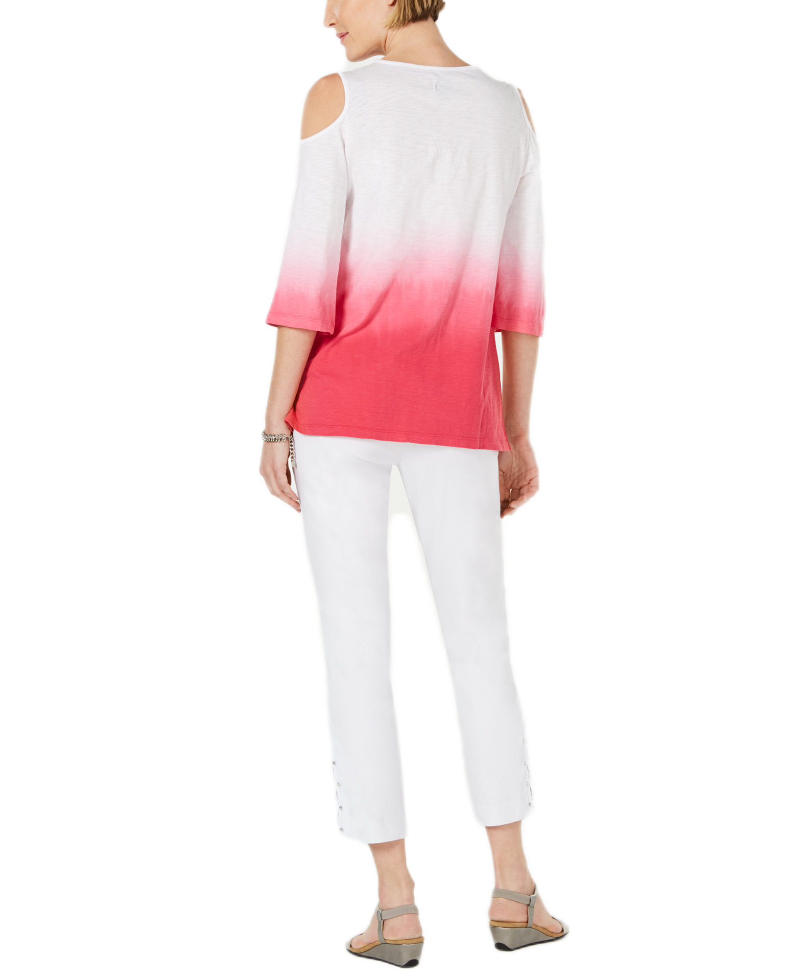 JM Collection Women Petite Cotton Embroidered Ombre Cold Shoulder Top