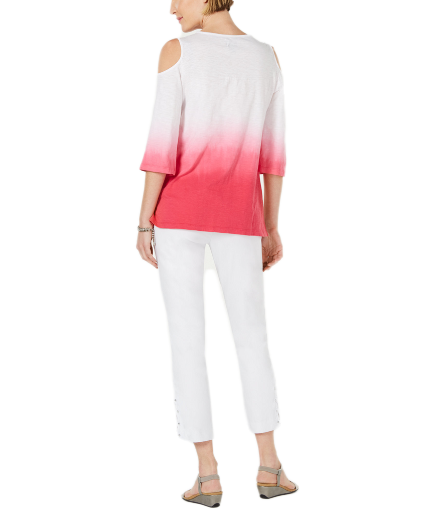 JM Collection Women Petite Cotton Embroidered Ombre Cold Shoulder Top