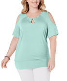 JM Collection Women Plus Studded Cold Shoulder Top Aqua Flash