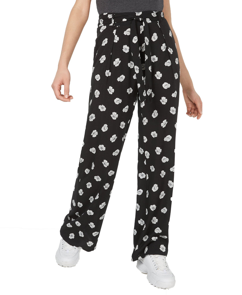 Be Bop Womens Printed Tie Waist Pants Black Ivory