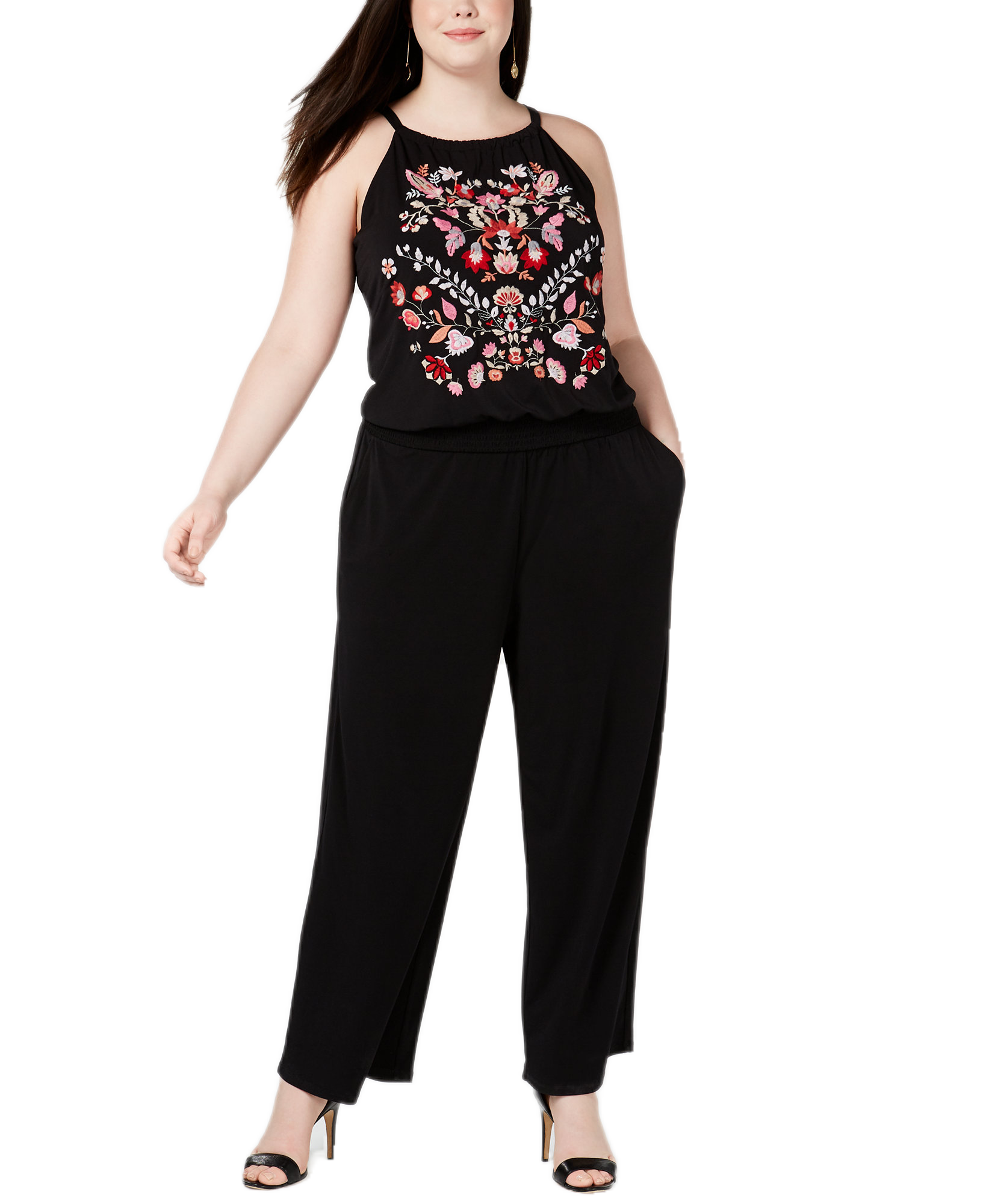 INC International Concepts Women Plus Embroidered Jumpsuit Royal Floral Embroidery