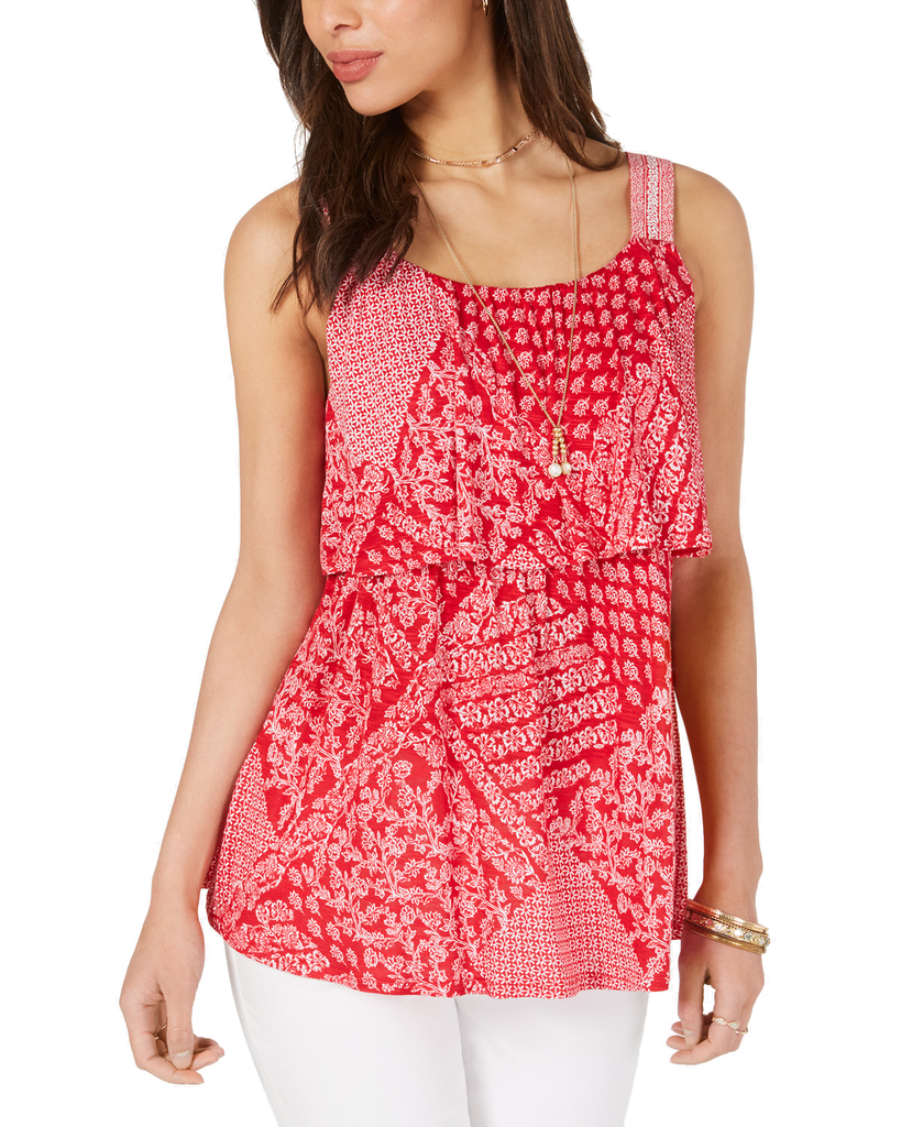 Style & Co Women Printed Flounce Tank Top Austin Red