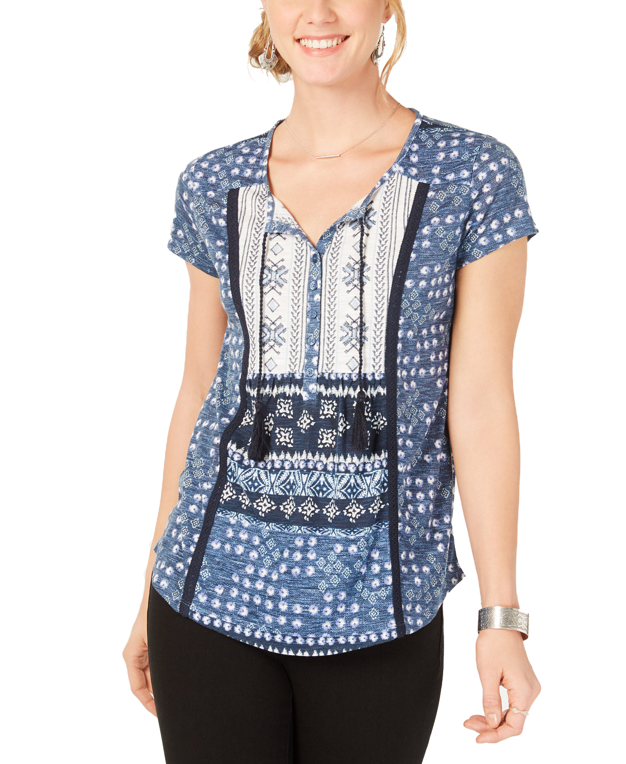 Style & Co Printed Crochet Trim Top Ocean Surf