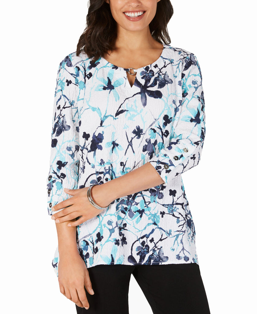 JM Collection Women Crinkle Texture Printed Button Sleeve Top Fiesta Floral