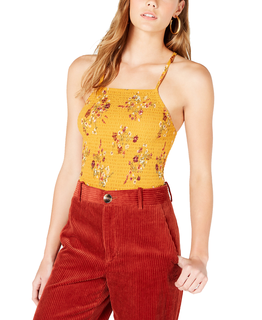 Hippie Rose Women Smocked Crisscross Strap Top Yellow Floral