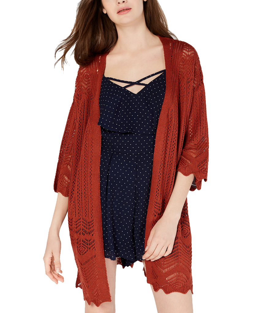 Hippie Rose Women Pointelle Elbow Sleeve Cardigan Barn Red