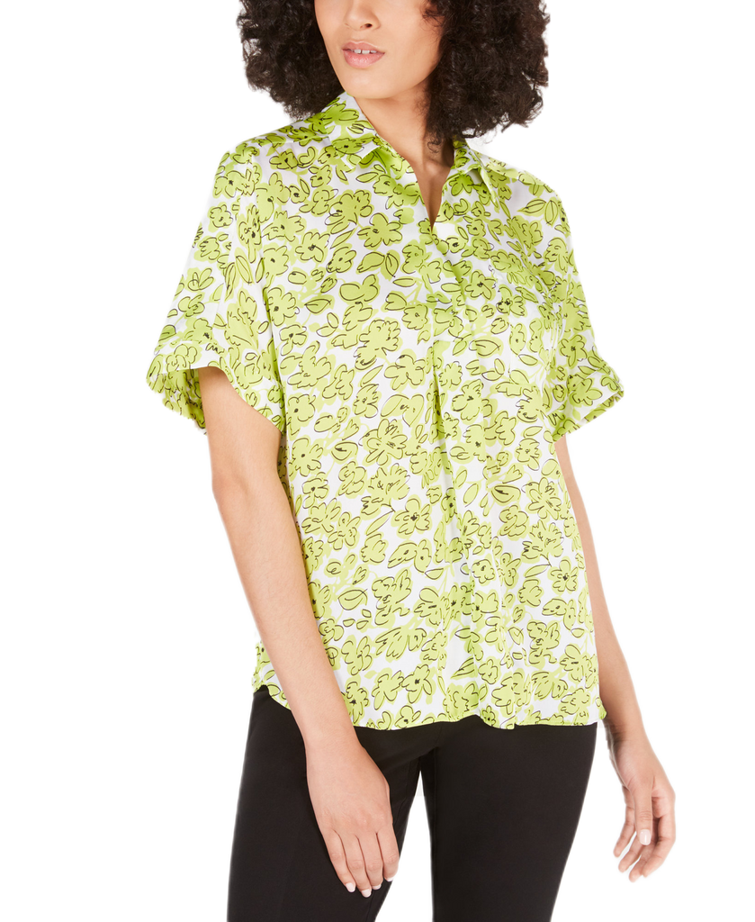Alfani Women Petite Printed Short Sleeve Blouse Green Contour Bud