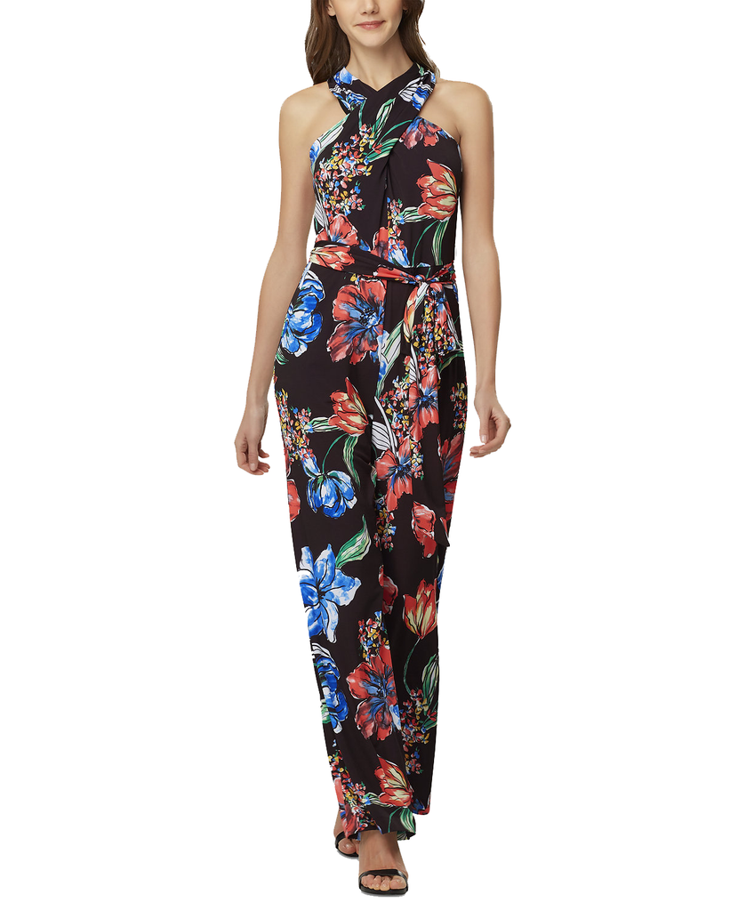 Tahari ASL Women Printed Halter Neck Jumpsuit Painted Blooms Black