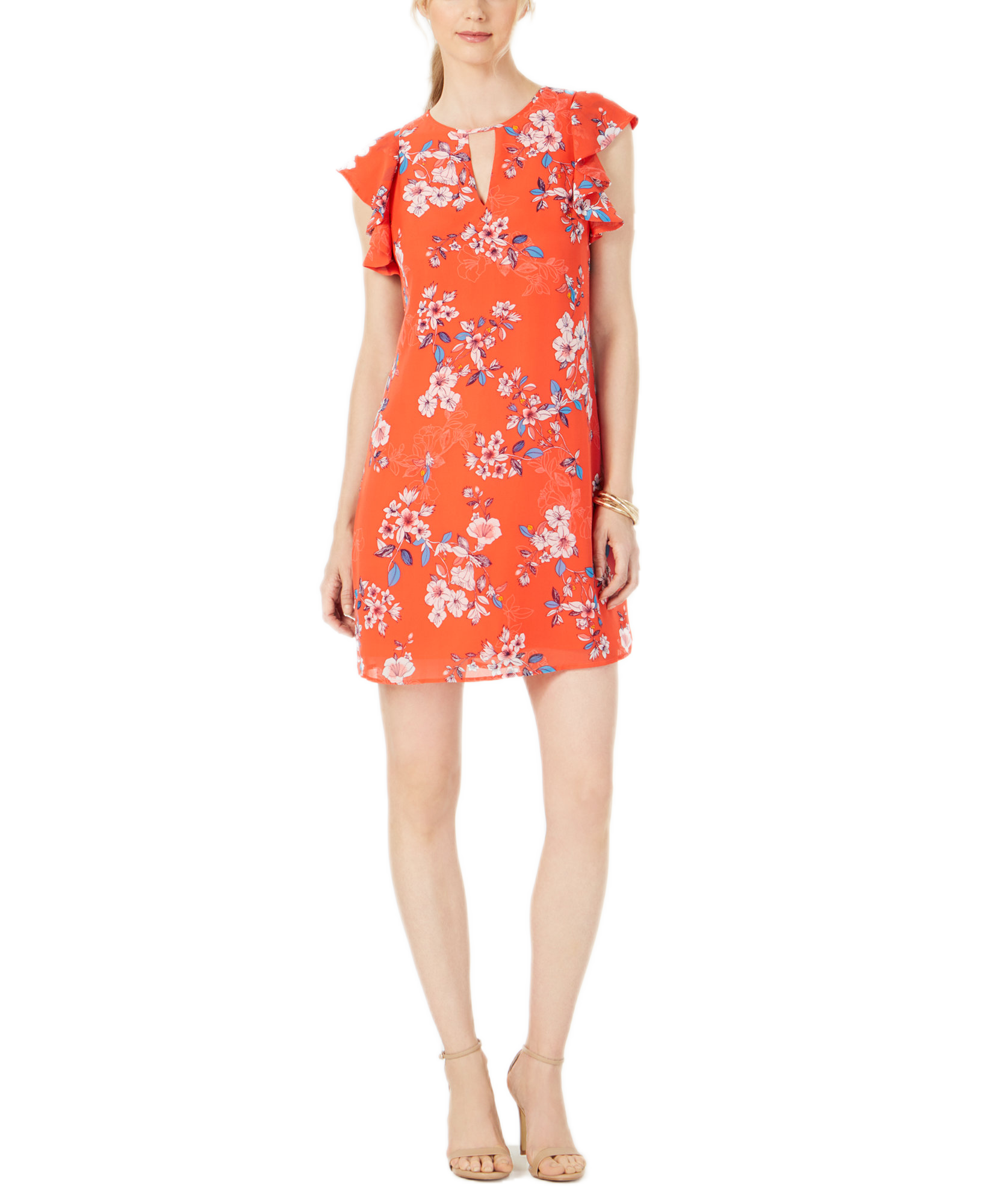Vince Camuto Women Keyhole Chiffon Dress Orange Floral
