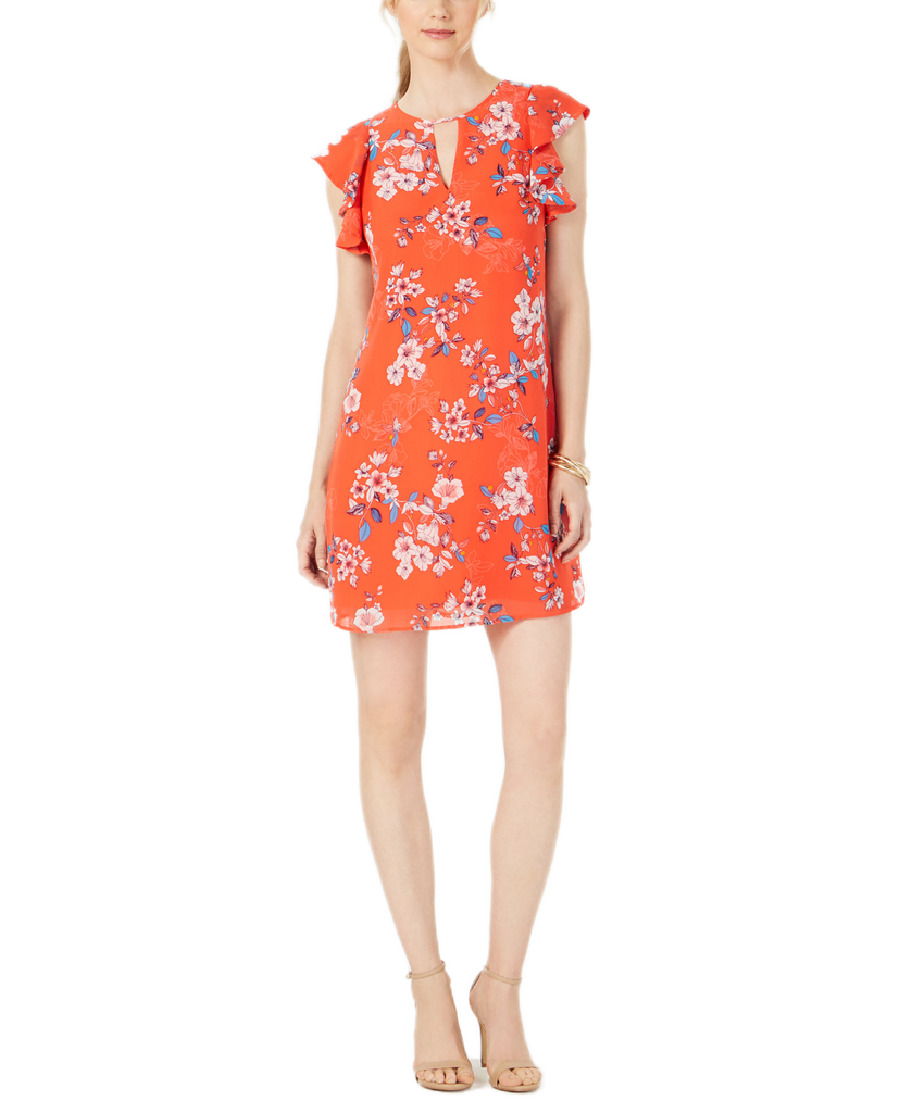 Vince Camuto Women Keyhole Chiffon Dress Orange Floral