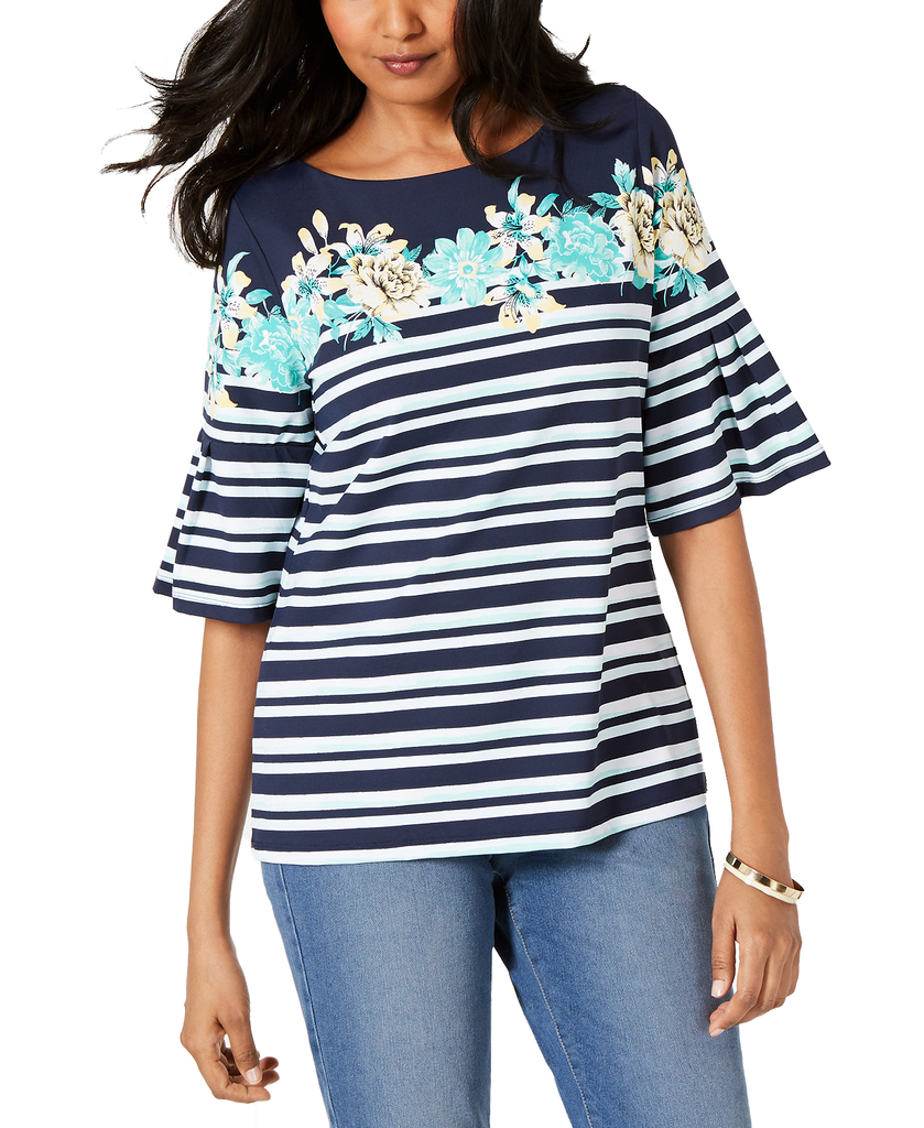 Charter Club Women Petite Printed Ruffle Sleeve Top Intrepid Blue Combo