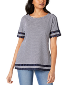 Charter Club Women Cotton Lace Trim Striped Top Intrepid Blue Combo