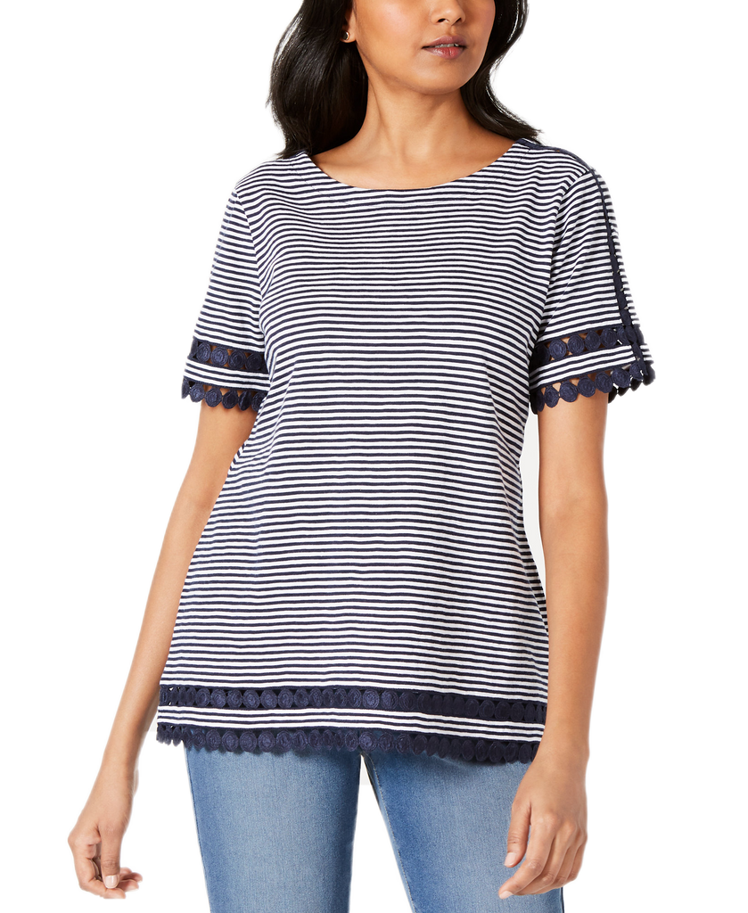 Charter Club Women Cotton Lace Trim Striped Top Intrepid Blue Combo