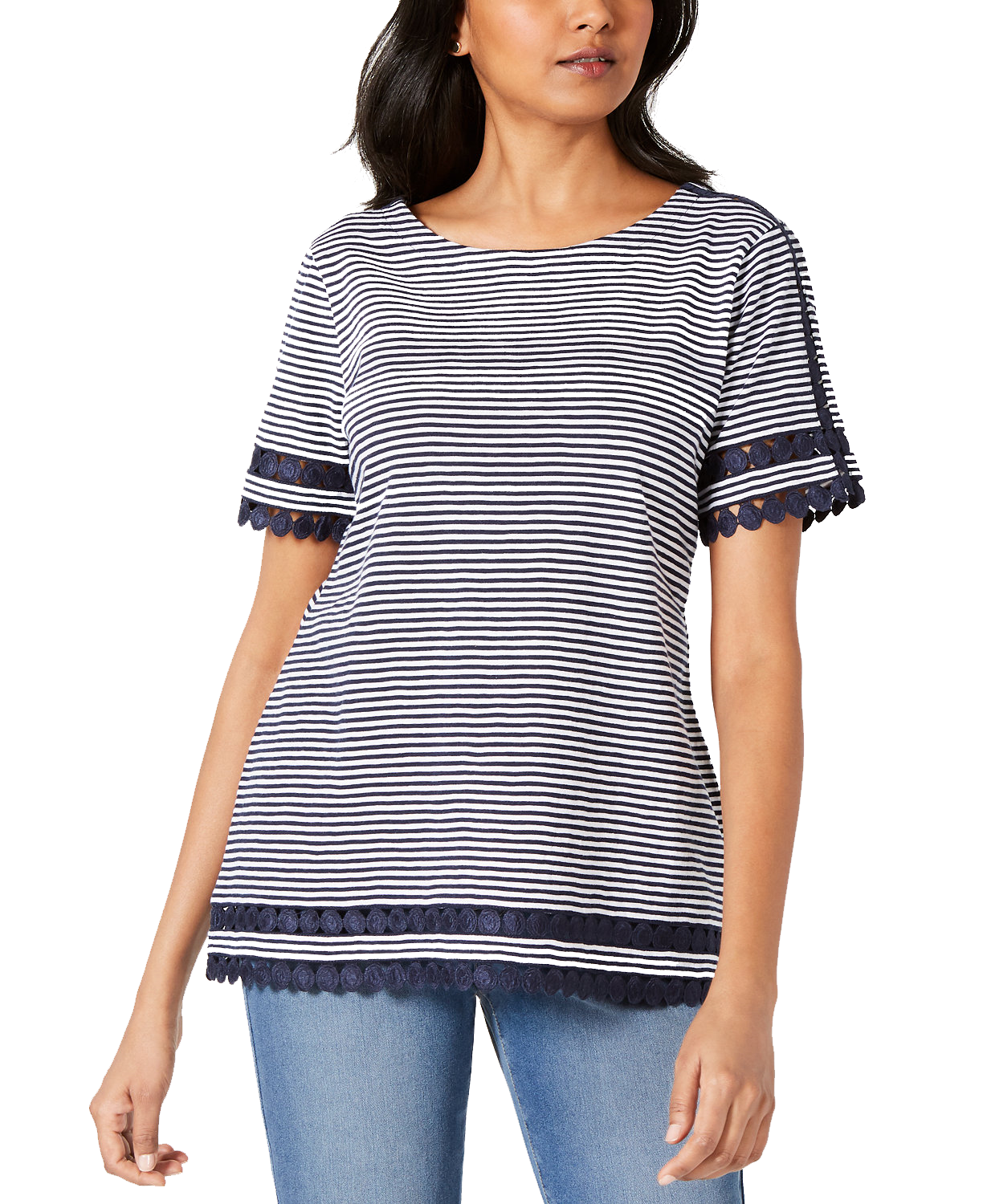 Charter Club Women Petite Cotton Circle Trim Top Intrepid Blue Combo