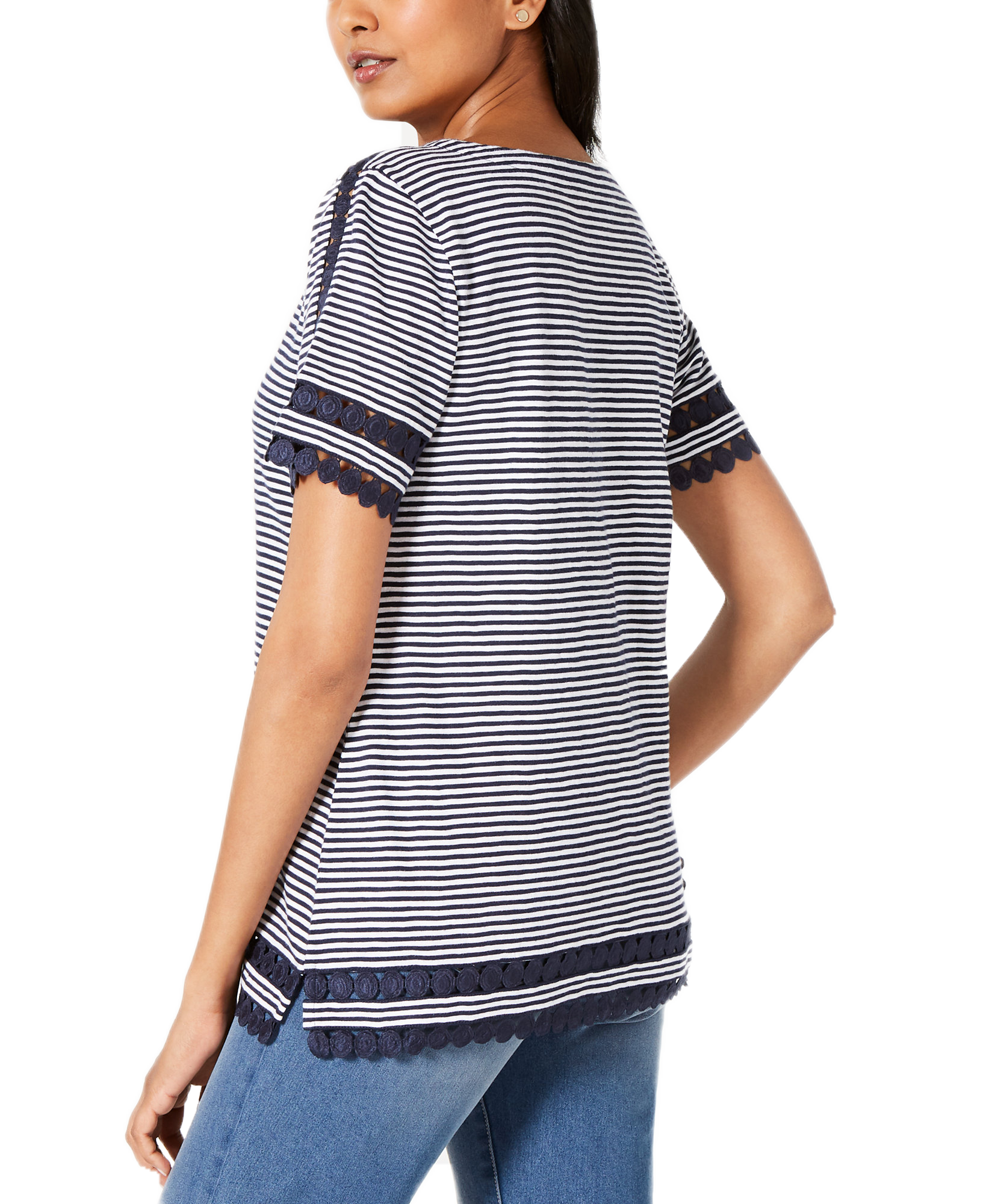Charter Club Women Cotton Lace Trim Striped Top