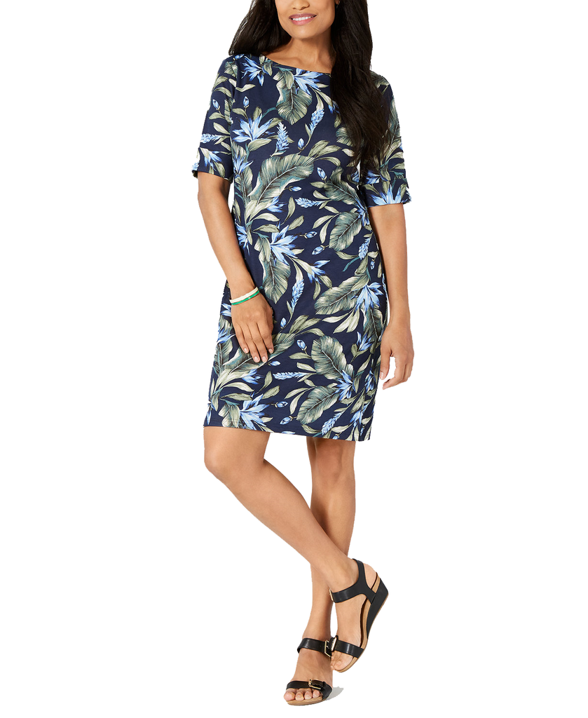 Karen Scott Petite Palm Revival Dress Intrepid Blue