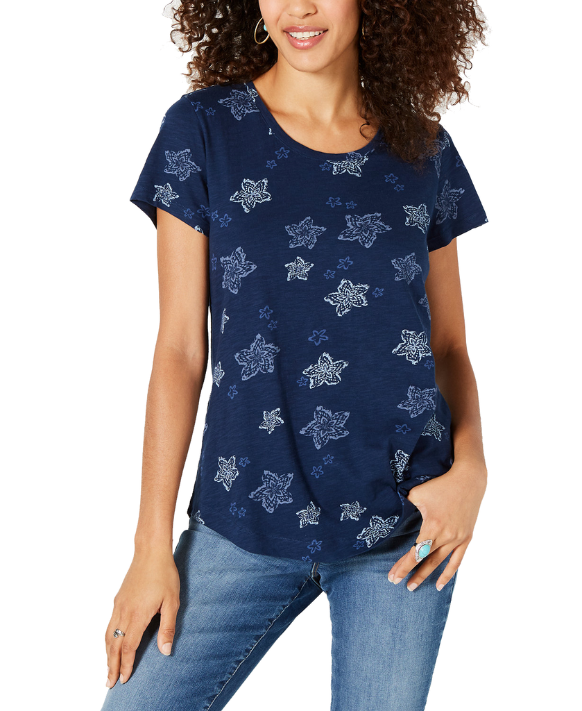 Style & Co Women Cotton Printed Scoop Neck Top Stardust Navy