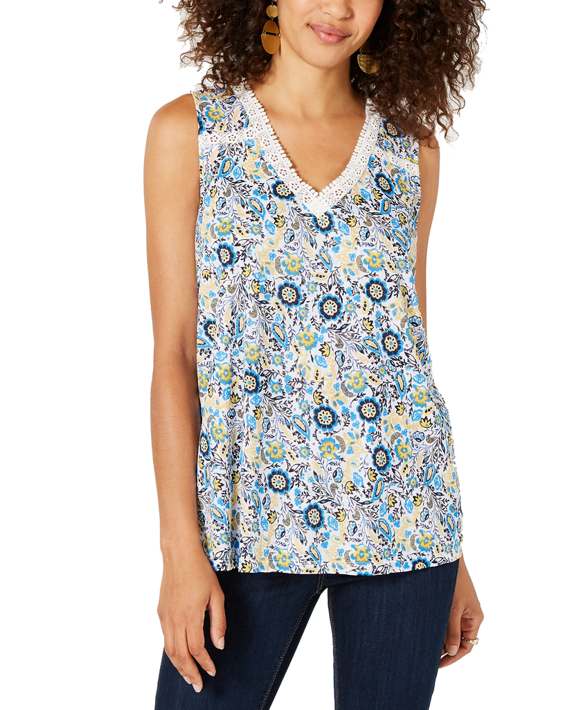 Style & Co Women Floral Print Lace Trim Top Folkloric Blue