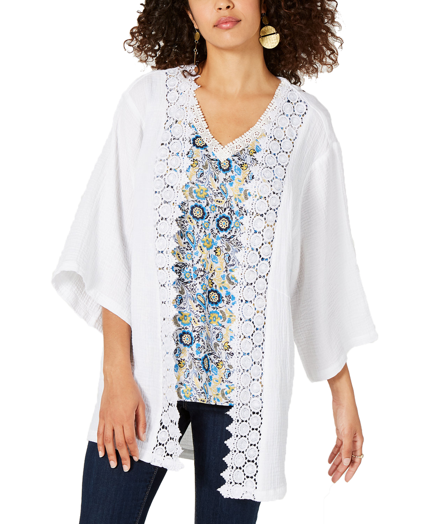 Style & Co Women Cotton Textured Lace Trim Kimono Bright White