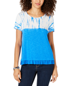 Style & Co Women Petite Tie Dye & Ruffle Hem T Shirt Blue Bamboo Dye