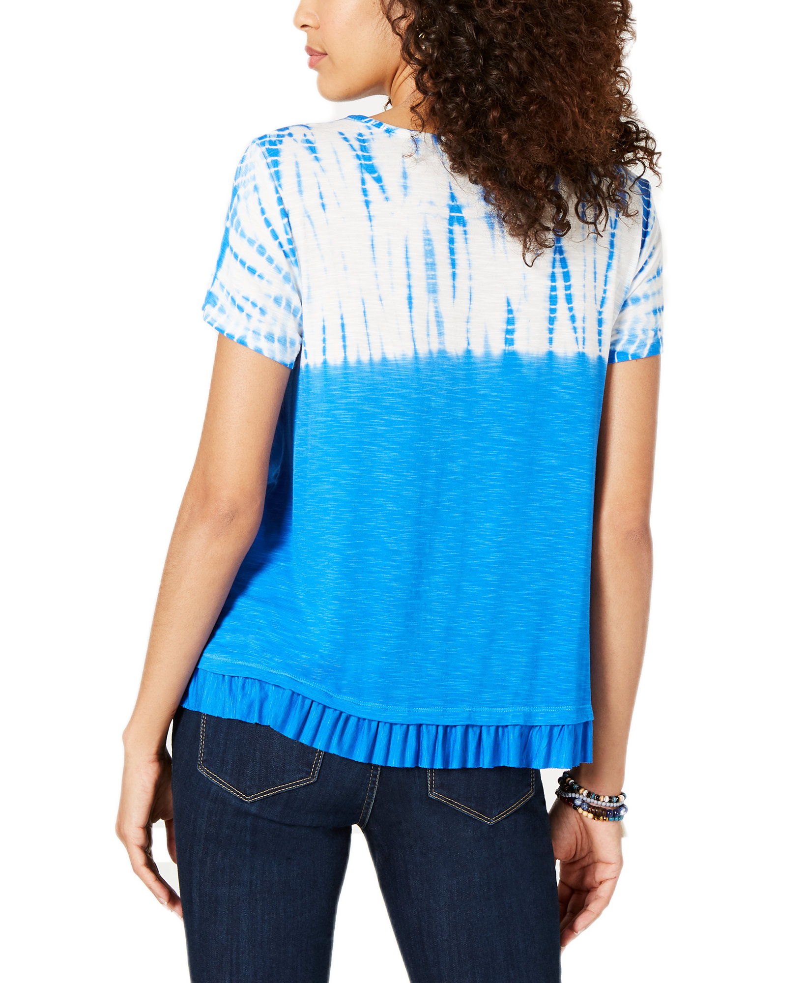 Style & Co Women Petite Tie Dye & Ruffle Hem T Shirt