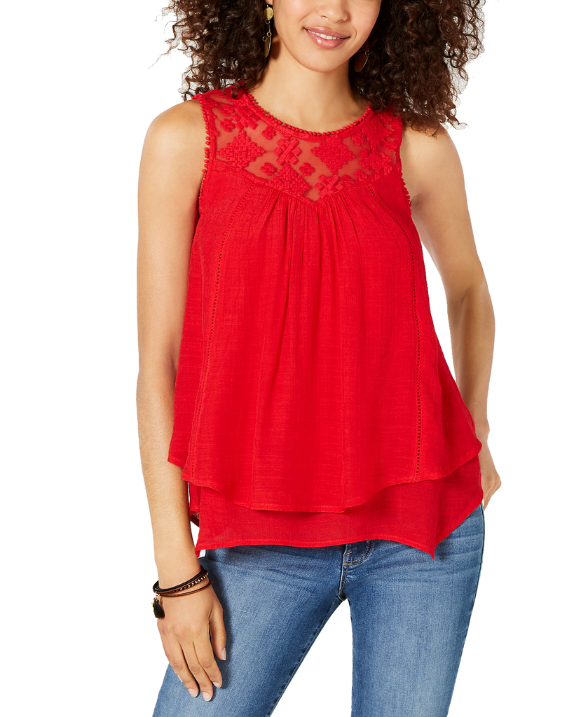 Style & Co Women Lace Trim Swing Top Real Red