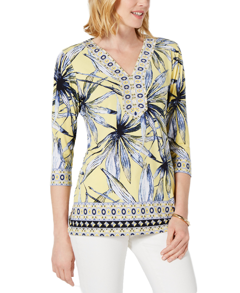 JM-Collection-Women-Embellished-3-4-Sleeve-Top-Fan-Palm-Island