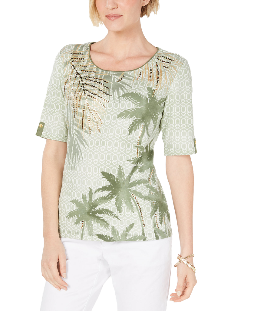 Karen Scott Women Embellished Graphic Top Olive Sprig