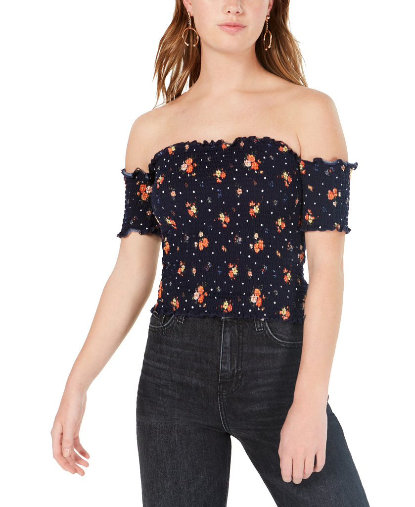 Crave Fame Women Smocked Off The Shoulder Crop Top Navy Flower