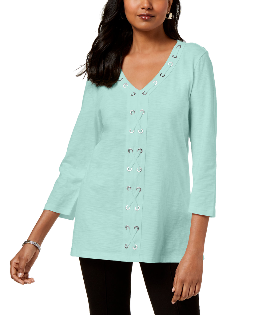 JM Collection Petite Cotton Grommet Laced Tunic Aqua Flash