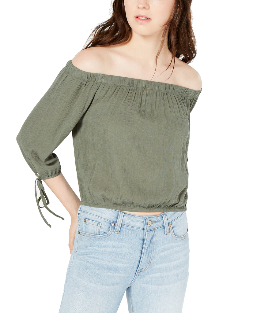 Polly & Esther Women Off The Shoulder Tie Sleeve Crop Top Olive