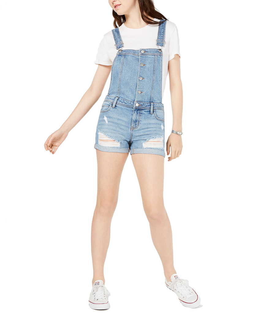 Tinseltown Women Ripped Cuffed Denim Shortalls Lux Medium Wash