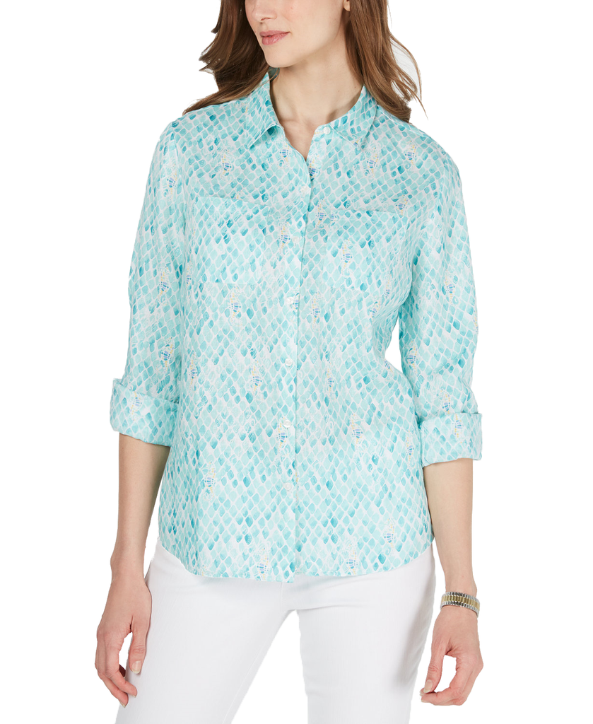 Charter Club Women Printed Button Down Linen Top Aqua Gloss Combo