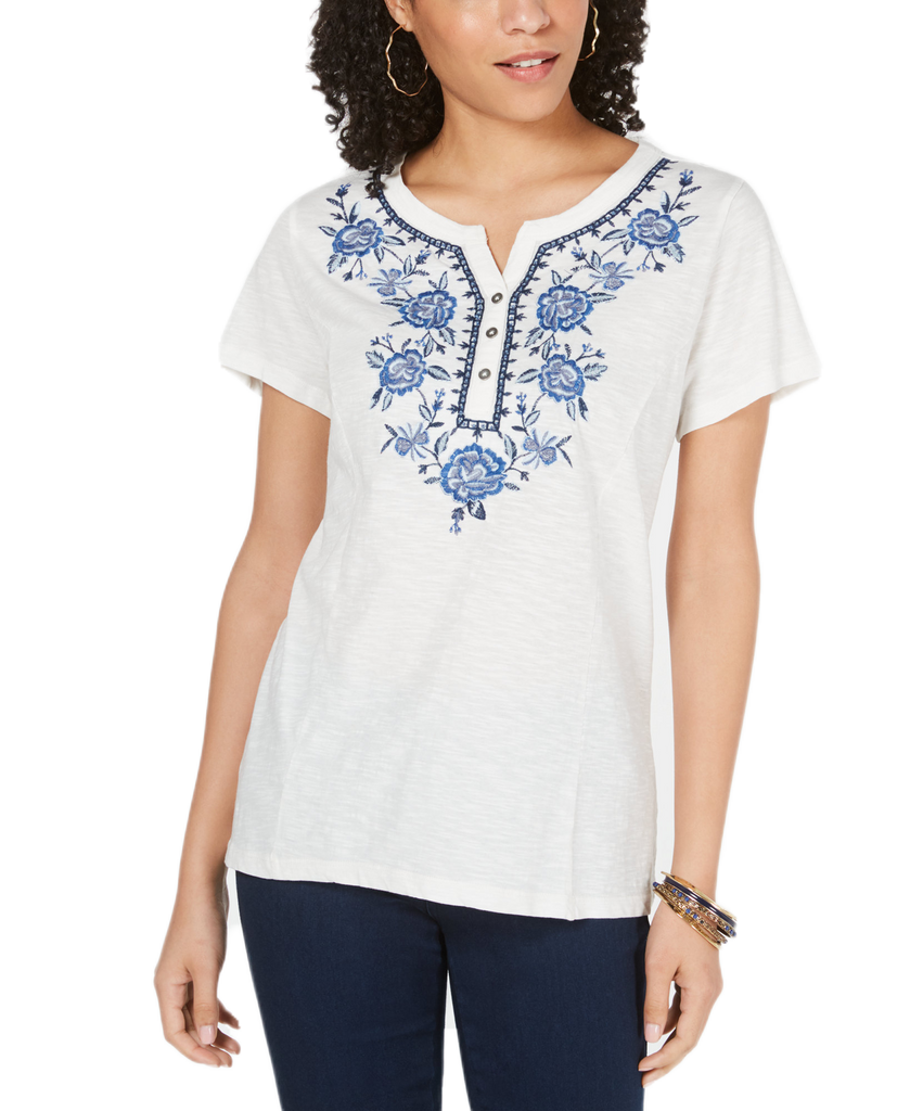 Style & Co Women Cotton Embroidered Top Winter White