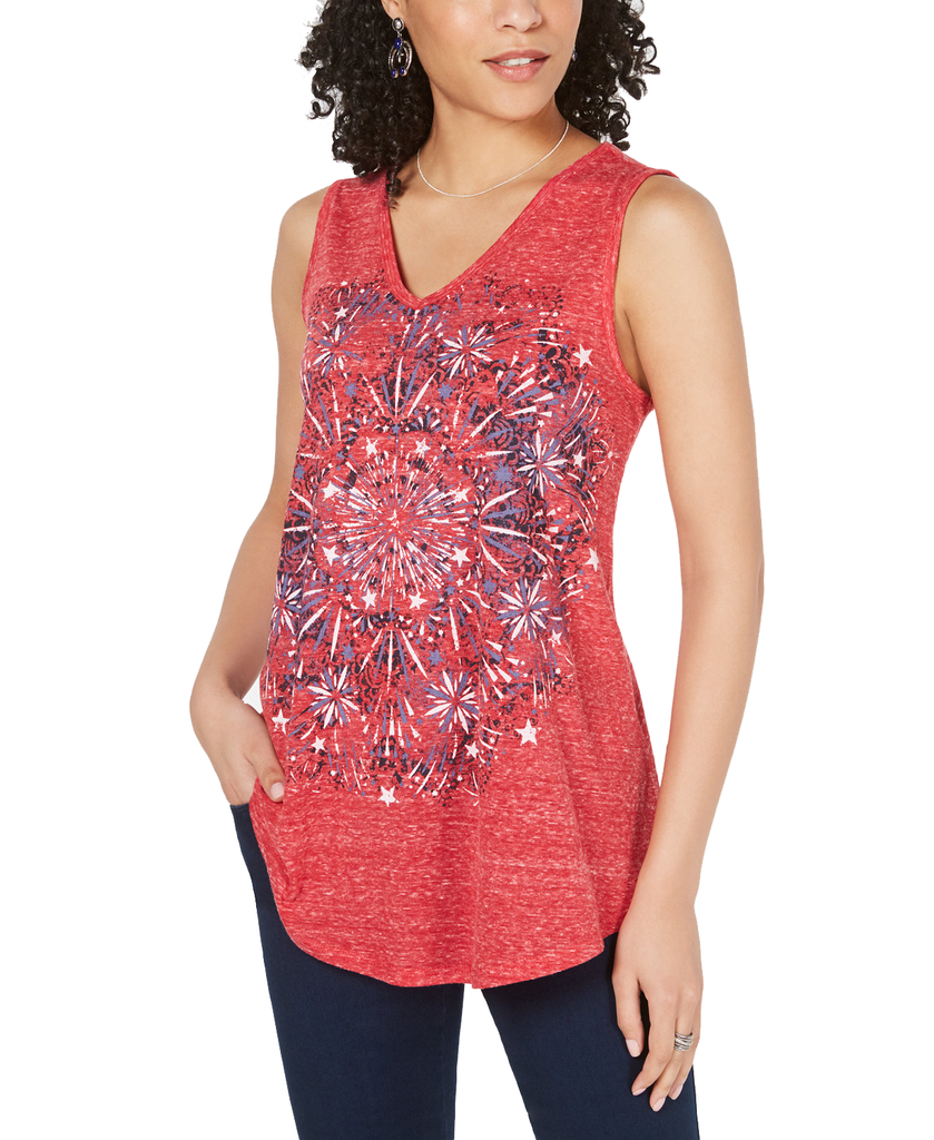 Style & Co Women Graphic V Neck Swing Top Firework Medal