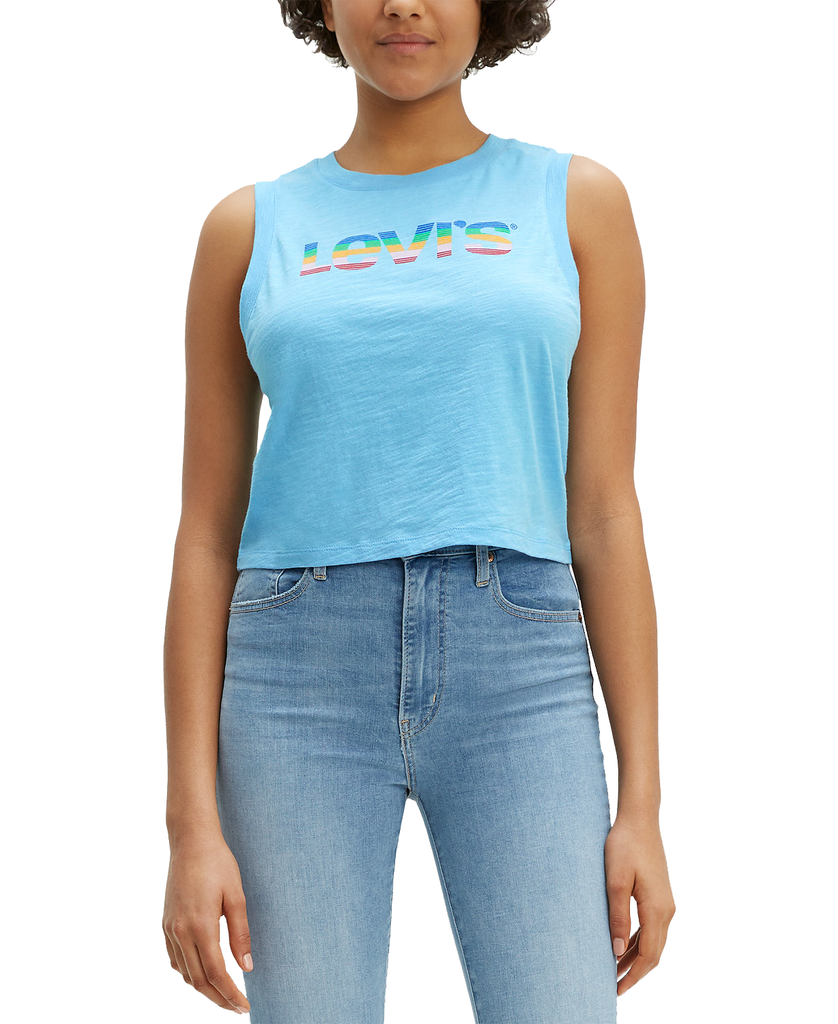 Levis Women Sleeveless Logo Print Cotton Cropped Top Baltic Sea