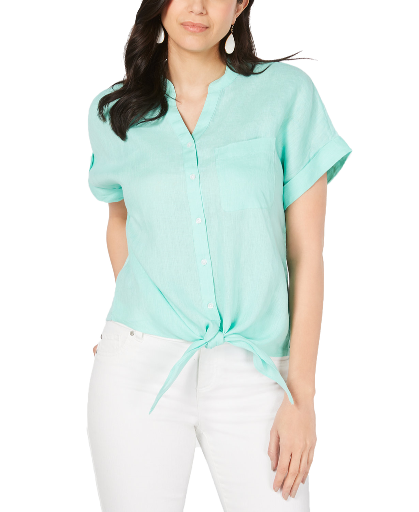 Charter Club Women Linen Tie Front Shirt Aqua Gloss