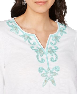 Charter Club Women Plus Cotton Beaded Embroidered Tunic