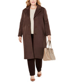 Jones New York Women Plus Notch Collar Single Breasted Reefer Maxi Coat Brown